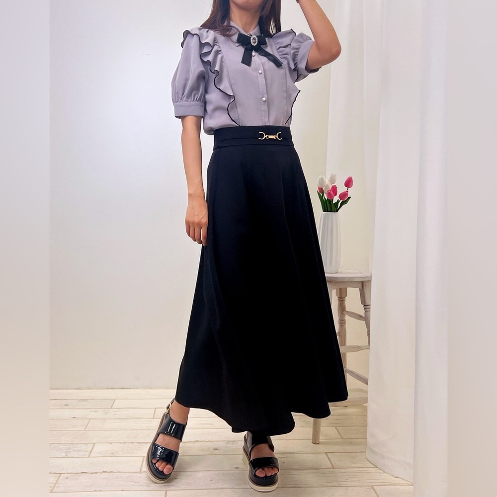 INGNI Japanese Brand Gold Buckle Detail Smocked Zipper Back Black Maxi Skirt